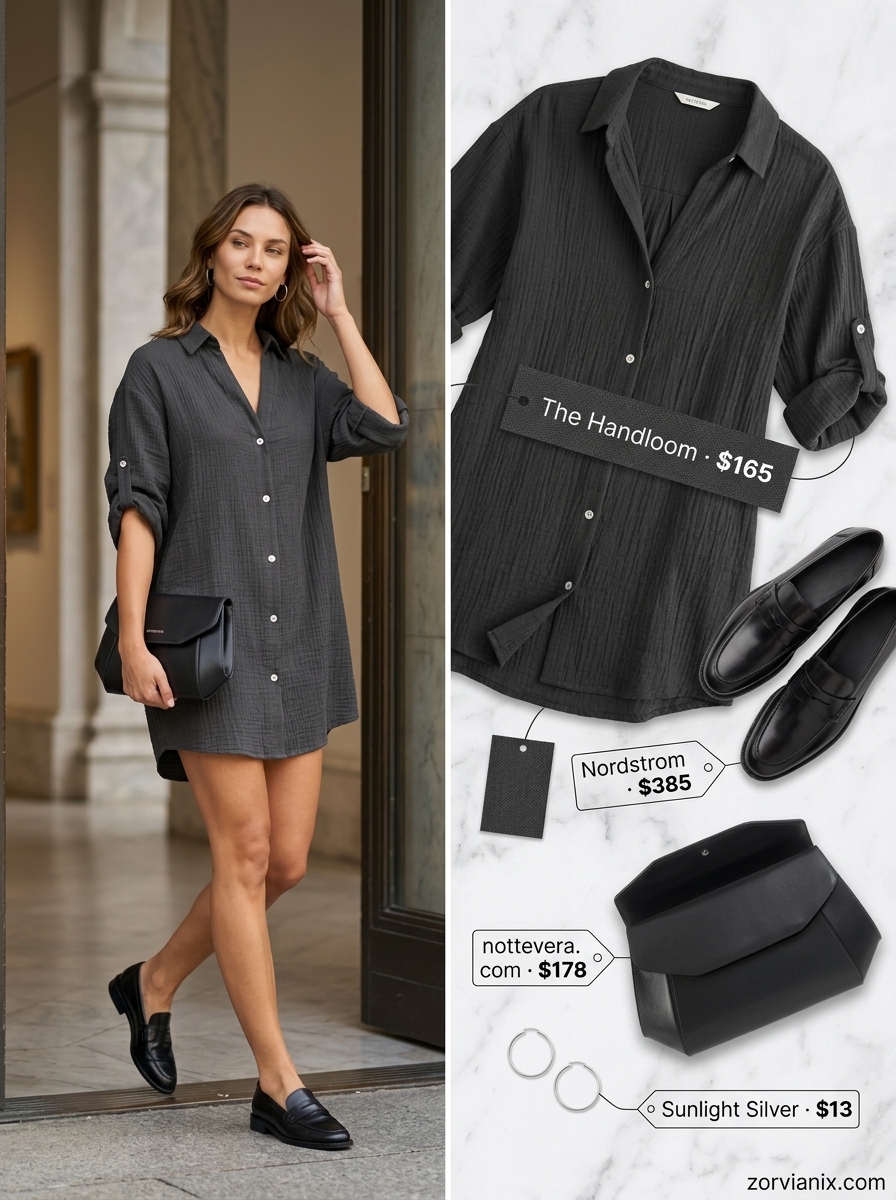 Charcoal grey shirt dress outfit for minimalist style with black leather loafers and silver hoop earrings.