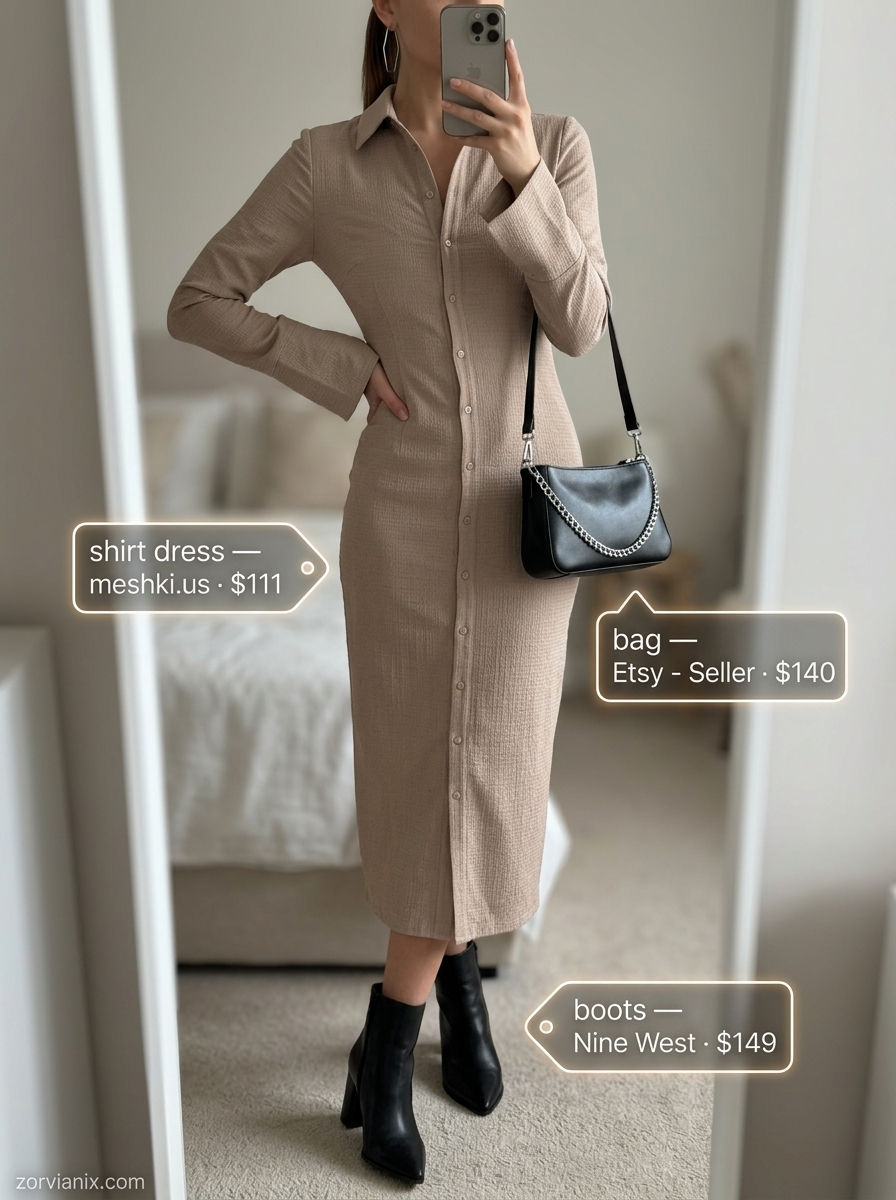 Modern minimalist taupe shirt dress outfit with black ankle boots and oversized silver earrings.