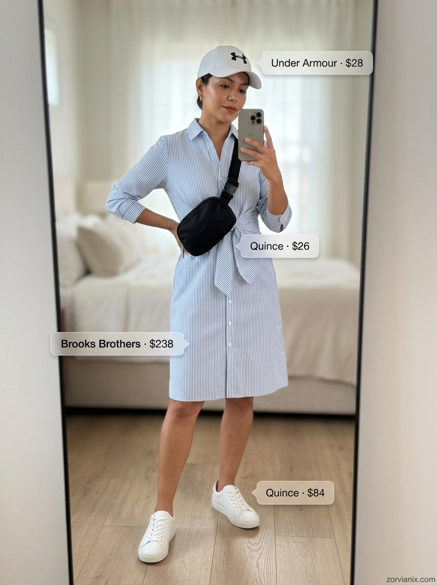 Light blue striped shirt dress for women 2026, perfect for city sightseeing and casual day outs. Styled with white sneakers and baseball cap.