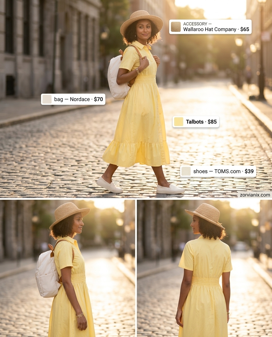Lightweight pale yellow cotton shirt dress outfit for summer travel with a straw hat and backpack.