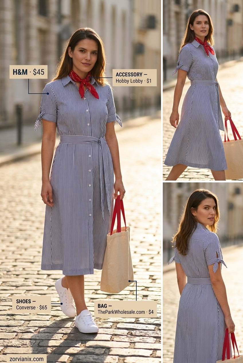 Casual weekend outfit with a navy and white stripe shirt dress, white sneakers, and a red bandana.