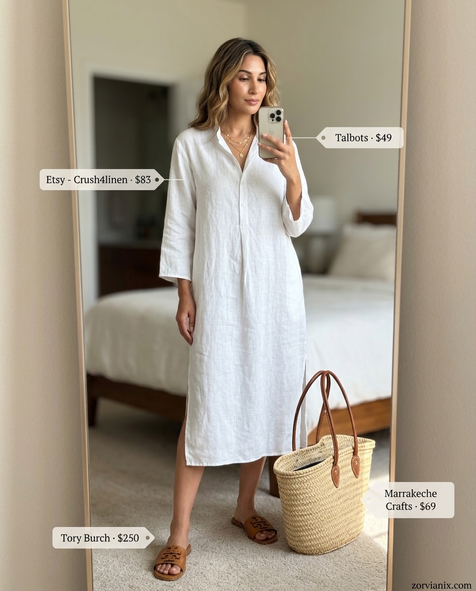 Effortless ecru linen shirt dress for women 2026, ideal for beach days or resort wear, with leather slides.