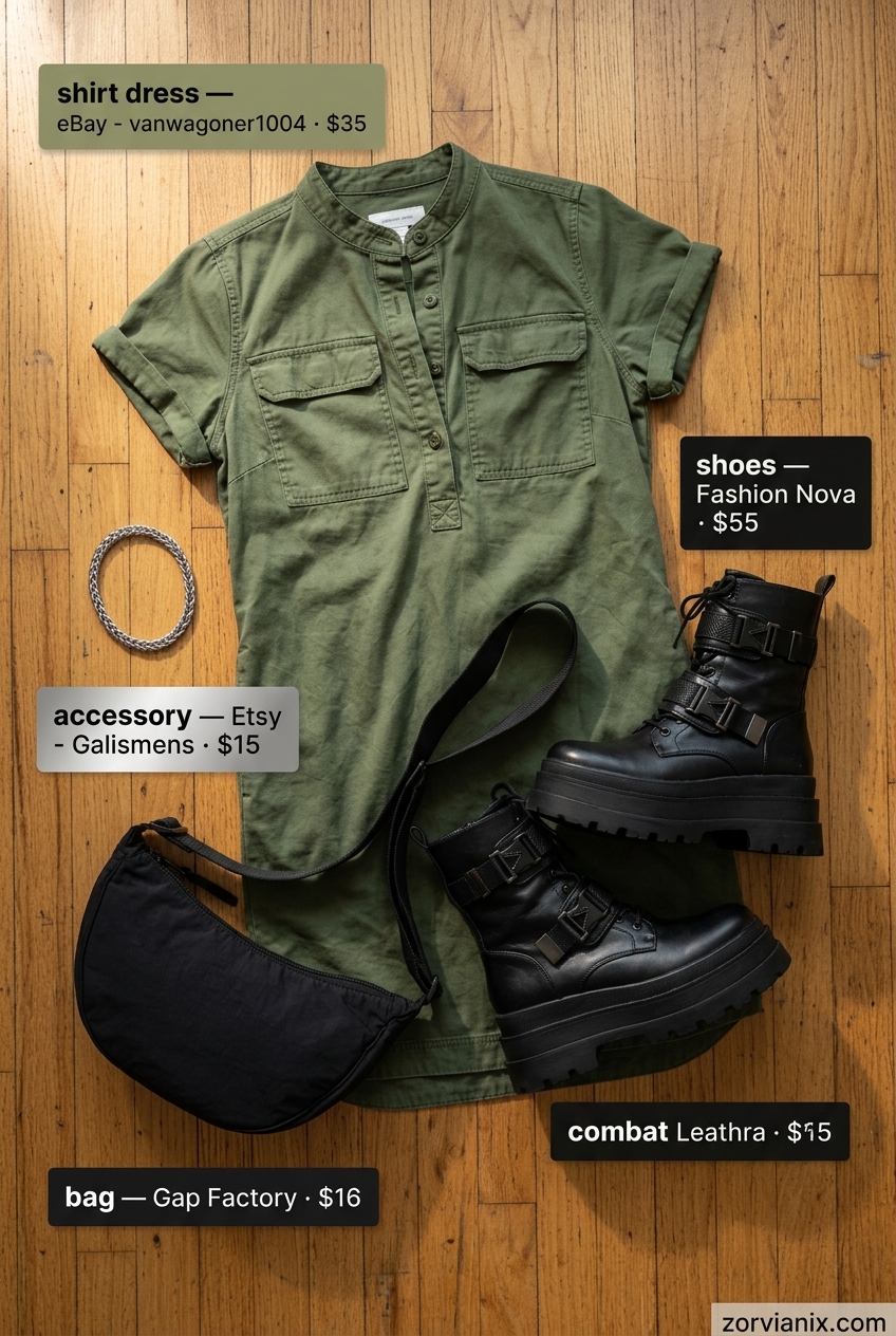 Edgy khaki utility shirt dress for women 2026, great for city sightseeing, paired with combat boots.