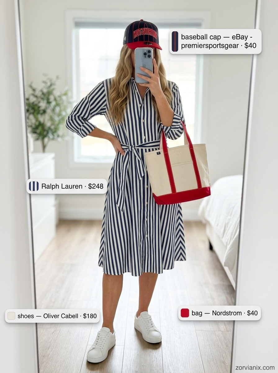 Preppy navy and white striped shirt dress for women 2026, perfect for casual weekends with white sneakers.