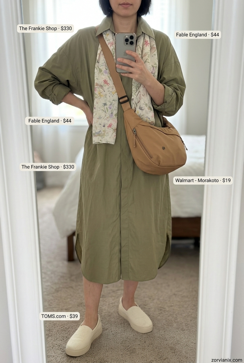 Comfortable olive green shirt dress for women 2026, perfect for weekend getaways, paired with canvas sneakers.