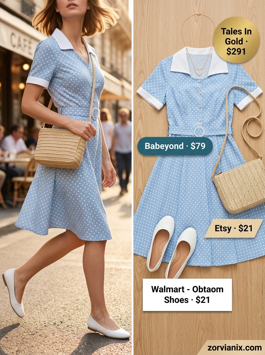 Playful light blue polka dot shirt dress for women 2026, ideal for brunch, paired with ballet flats.
