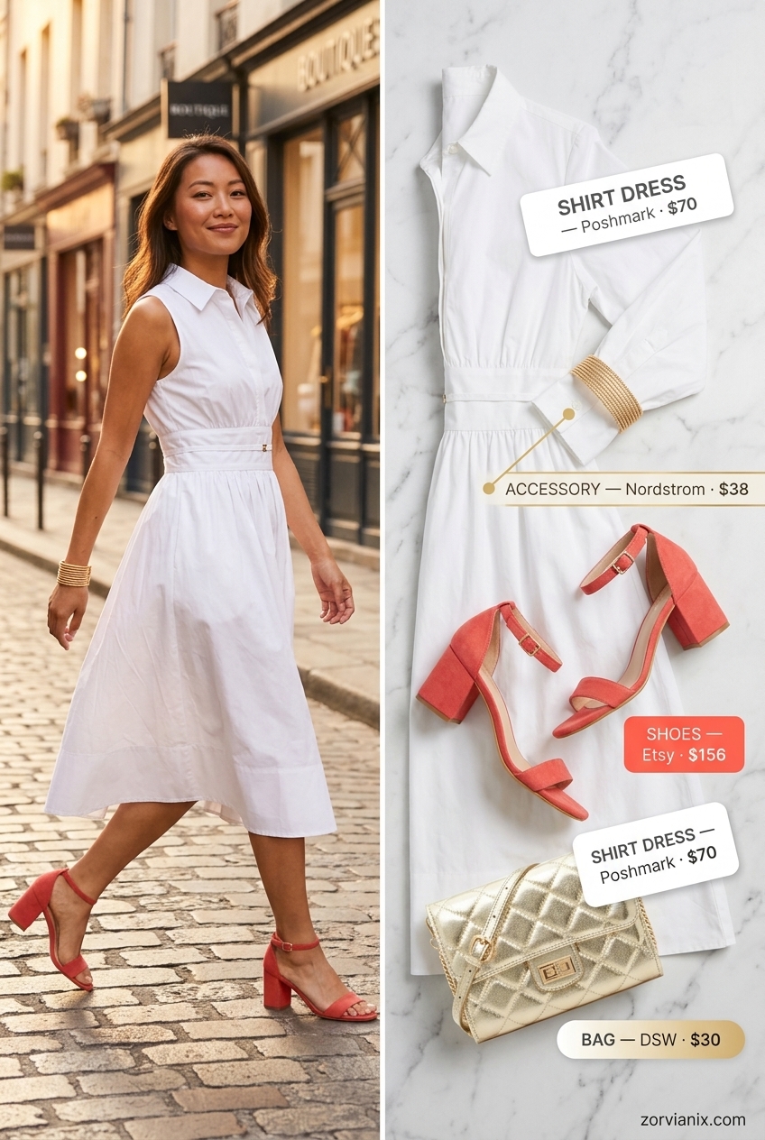 Chic white cotton shirt dress for women 2026, styled with coral sandals and gold accessories for a smart casual event.