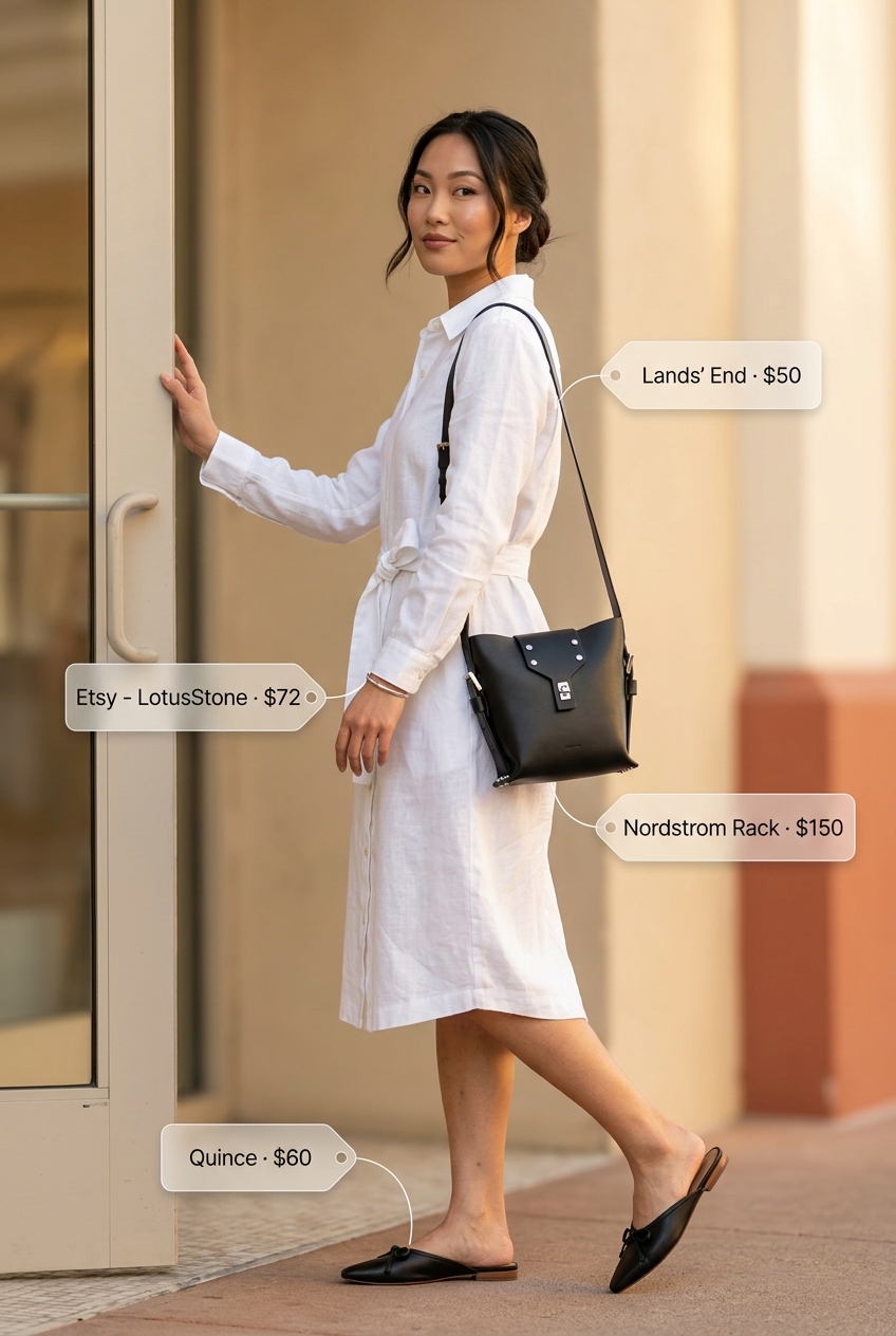 Sophisticated white tailored shirt dress for women 2026, perfect for office casual or city exploration with black mules.