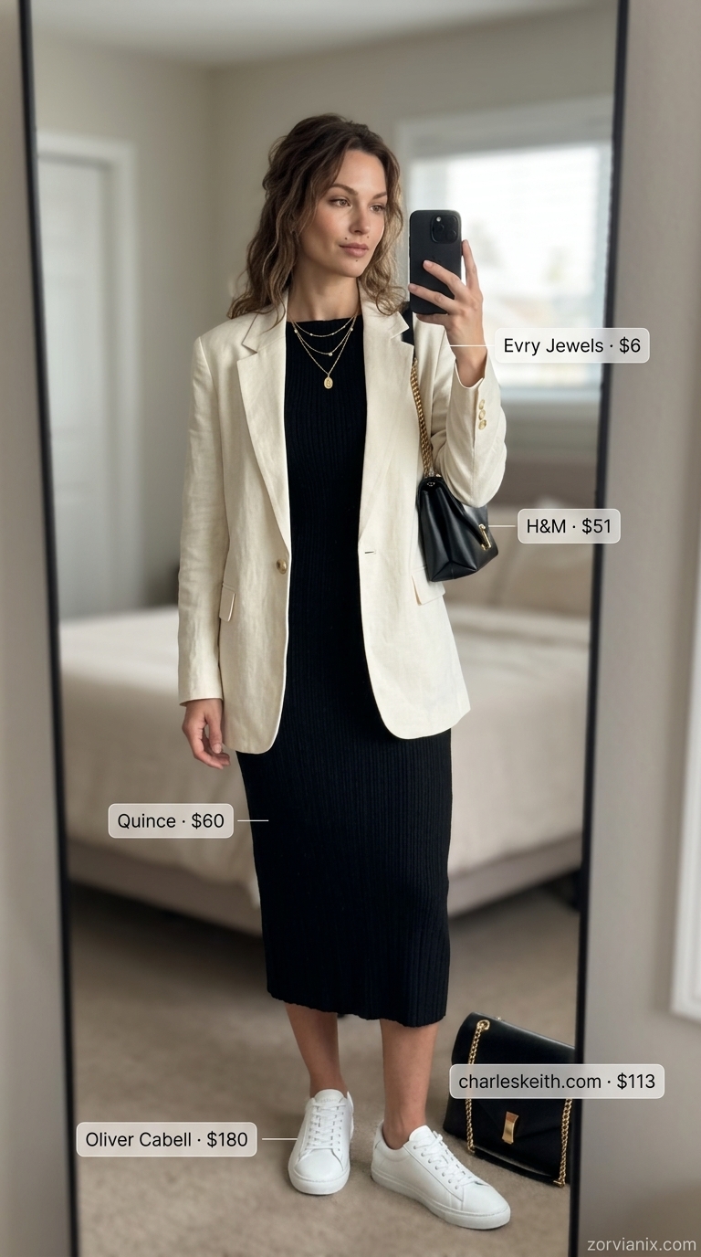 Chic Sleeveless Dresses 2026: Summer Brunch Style Black bodycon midi dress, linen blazer, and sneakers for summer sleeveless dresses for women 2026.