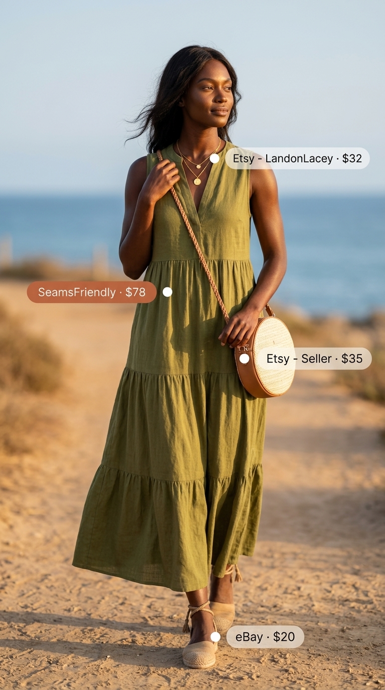 Bohemian Summer Sleeveless Dresses for Women 2026 Bohemian summer sleeveless dress for women 2026 in olive green with gold layered necklaces and straw bag.