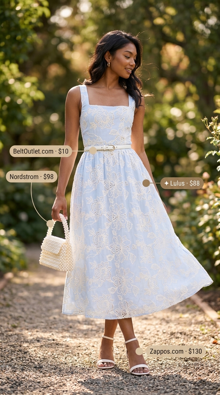 Garden Party Summer Sleeveless Dresses for Women 2026 Feminine powder blue eyelet summer sleeveless dress for women 2026 with white accessories for garden party.