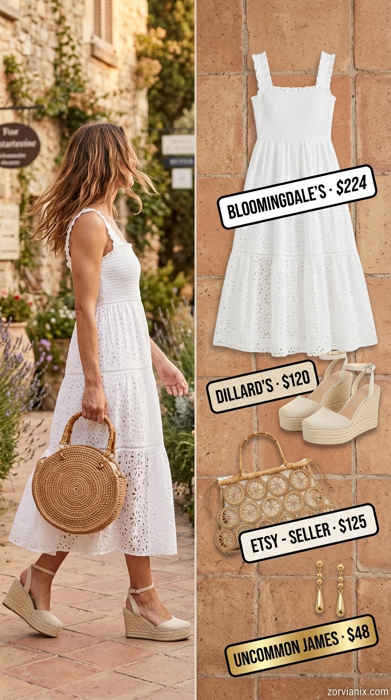 Southern Charm Summer Sleeveless Dresses for Women 2026 Charming crisp white eyelet sleeveless dress for women 2026 with woven bag and espadrilles.
