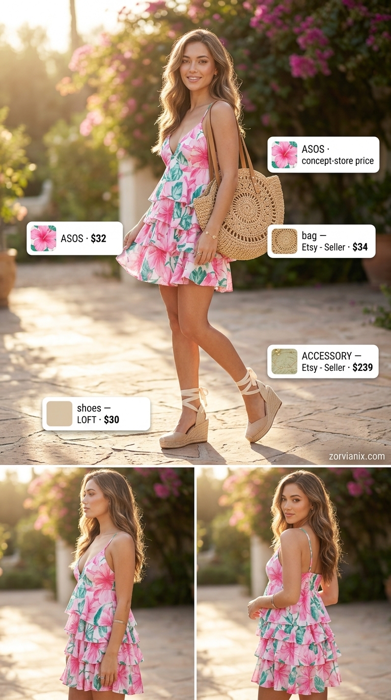 Playful Sleeveless Dresses 2026: Garden Party Whimsy Floral babydoll mini dress, espadrilles, and straw bag for summer sleeveless dresses for women 2026.