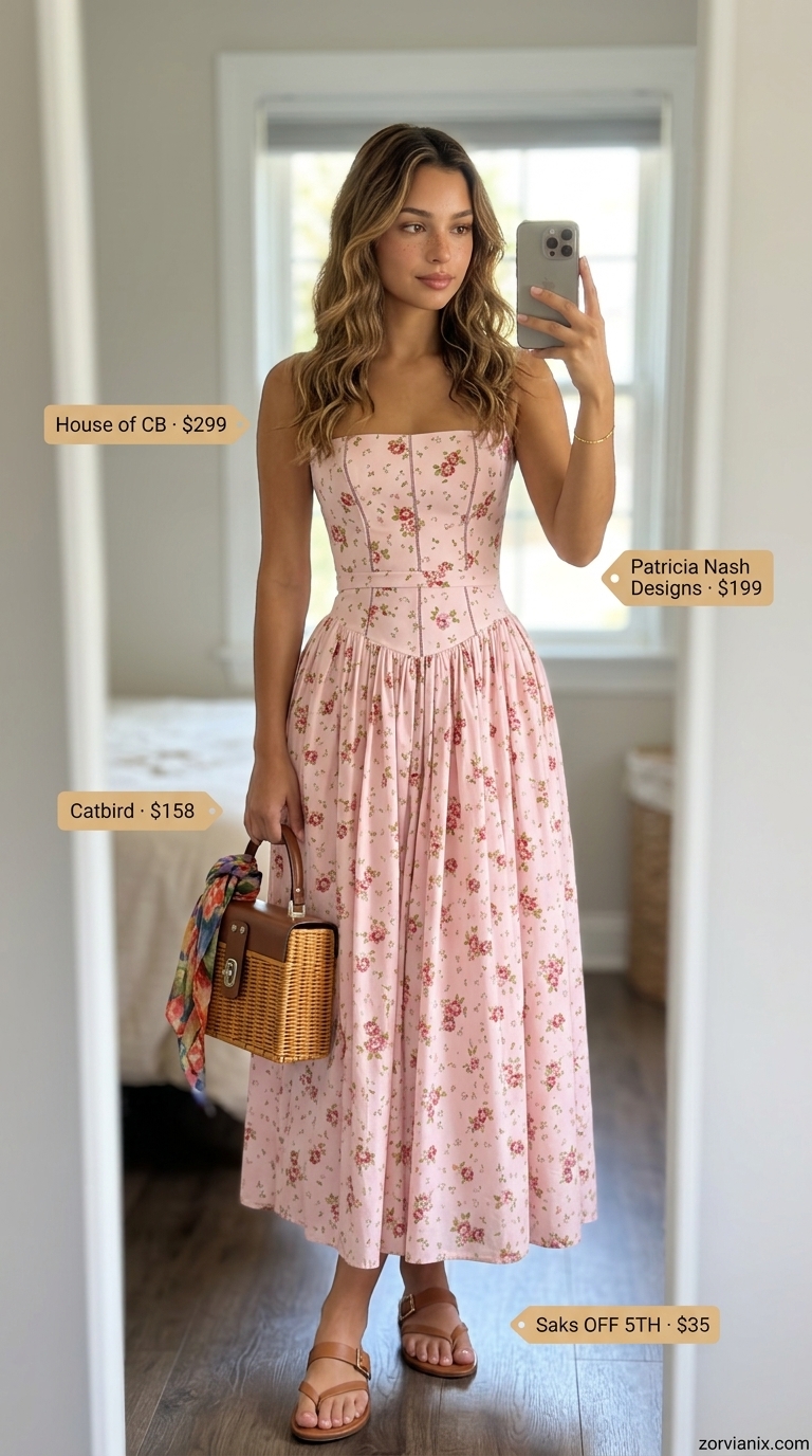 Feminine Sleeveless Dresses 2026: Farmhouse Fair Style Soft floral print midi dress, tan sandals, and straw basket bag for summer sleeveless dresses for women 2026.