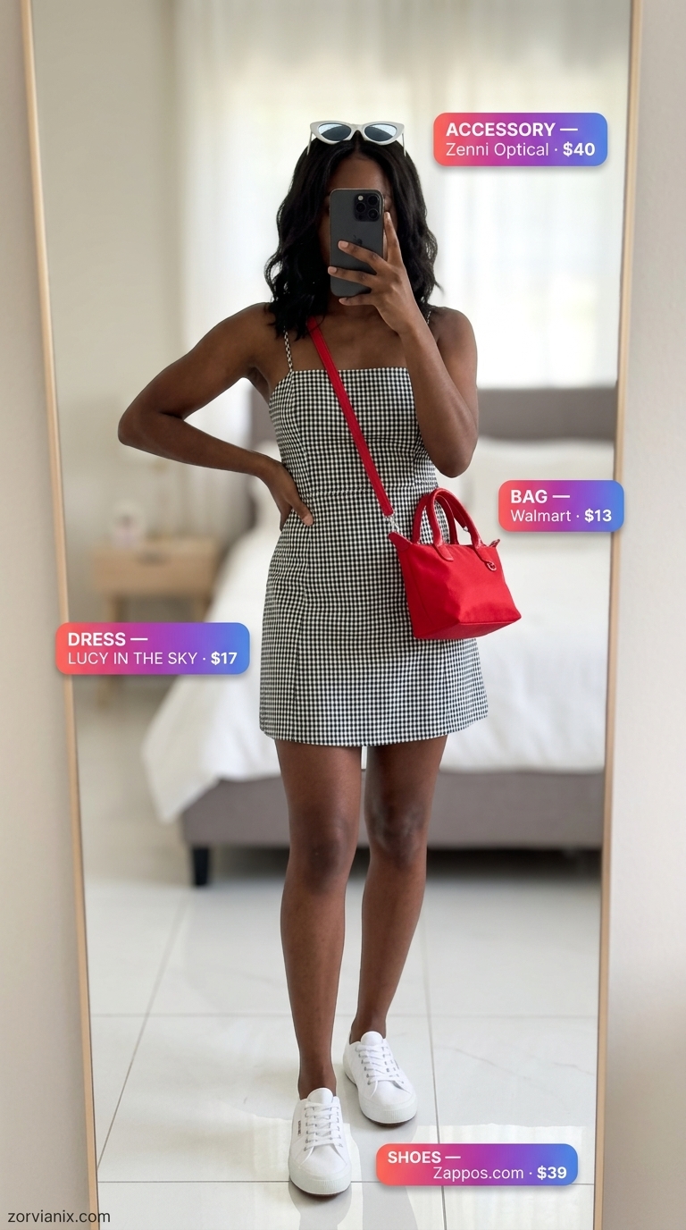 Playful Picnic Summer Sleeveless Dresses for Women 2026 Playful black and white gingham summer sleeveless dress for women 2026 with red bag and white sneakers.