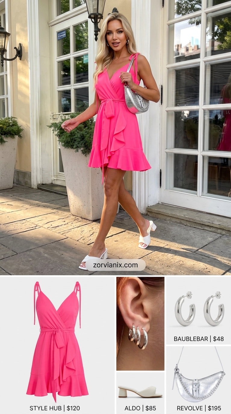 Hot pink wrap mini dress, silver shoulder bag, and block heels for summer sleeveless dresses for women 2026.