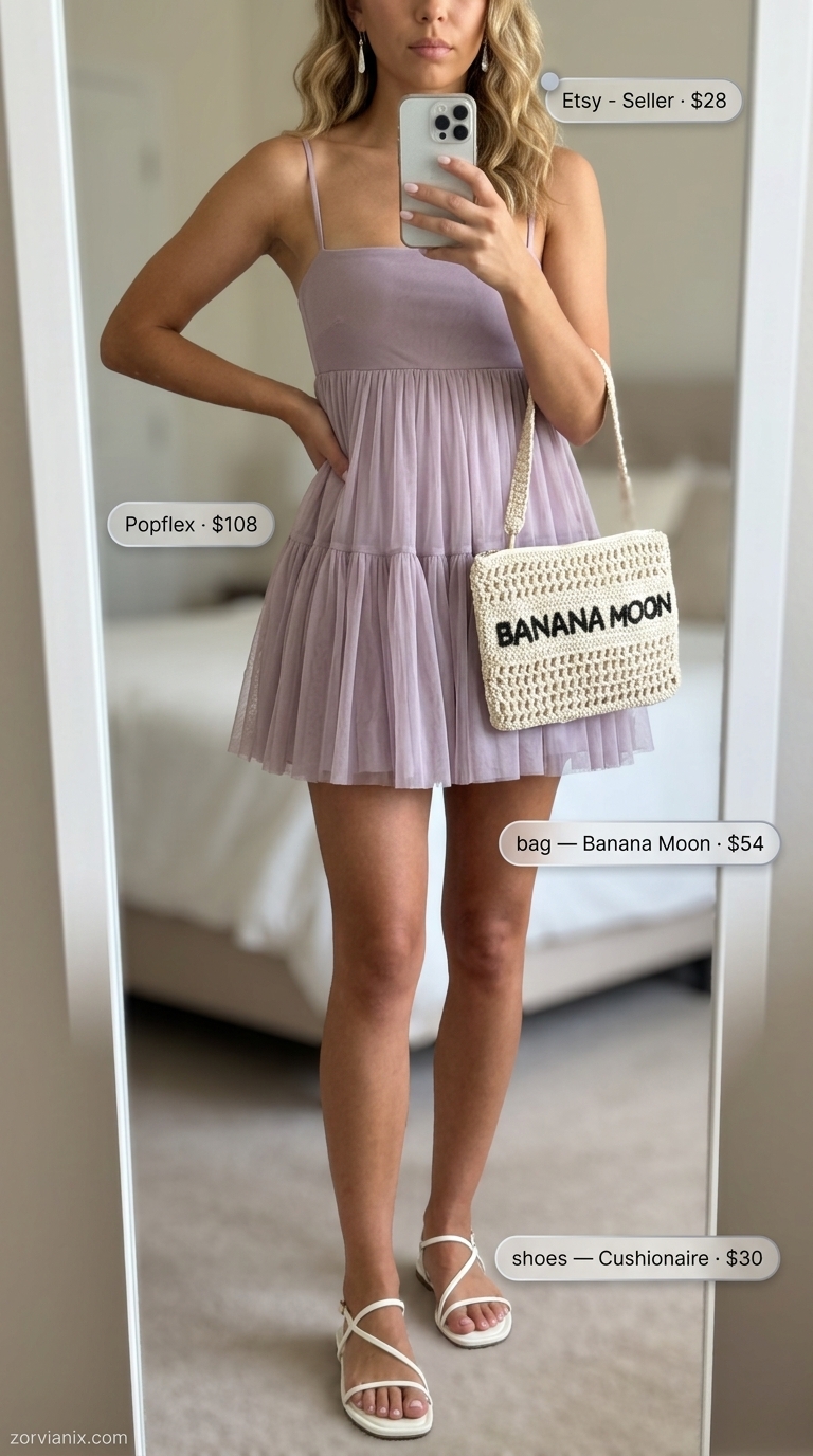 Garden Party Sleeveless Dresses 2026: Lavender Whimsy Lavender tiered babydoll mini dress, silver earrings, and white sandals for summer sleeveless dresses for women 2026.