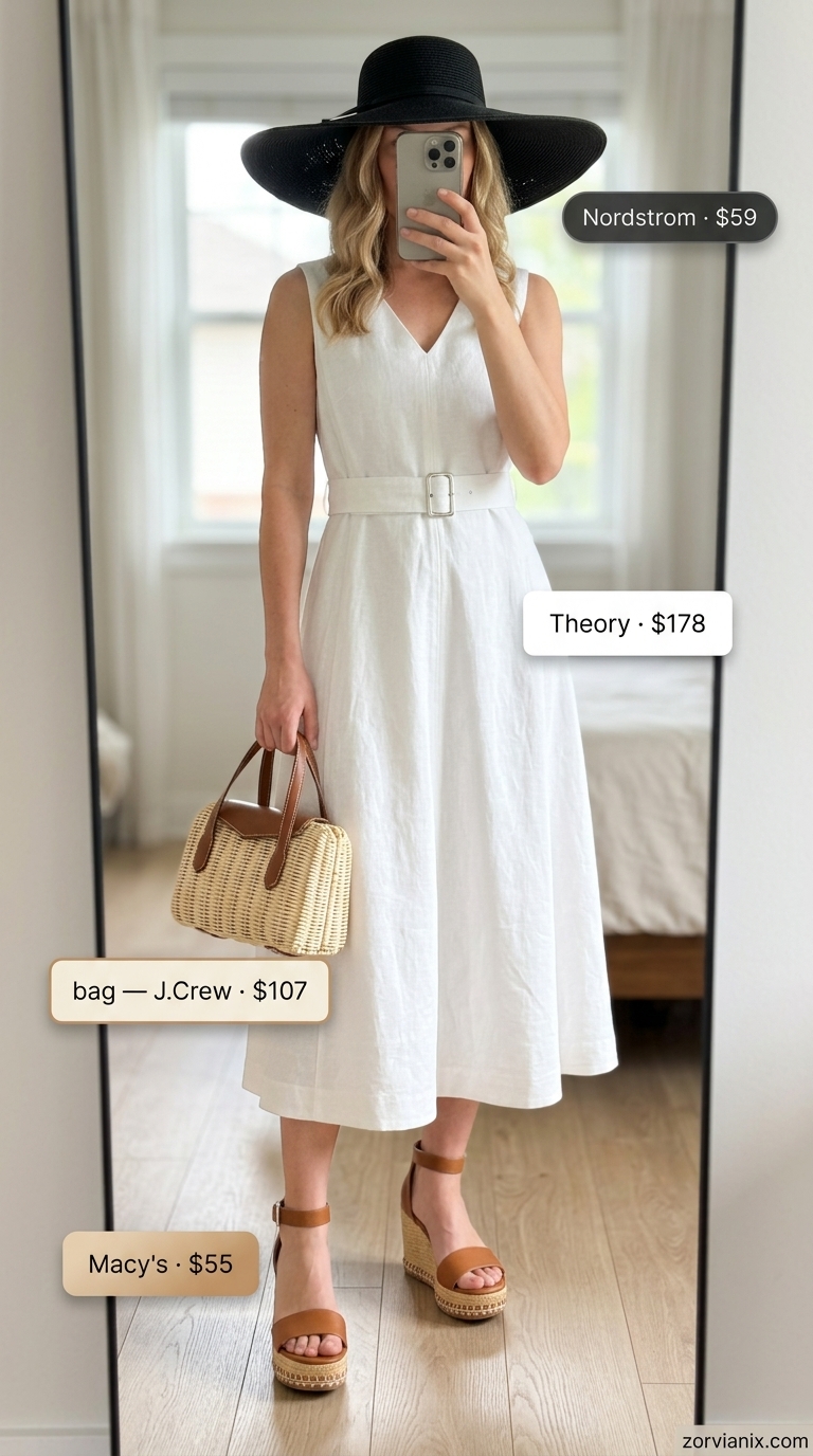 Seaside Brunch Summer Sleeveless Dresses for Women 2026 Elegant crisp white linen sleeveless dress for women 2026 with tan espadrilles and wicker bag.