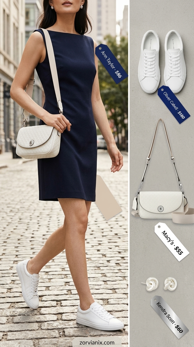 Refined Sleeveless Dresses 2026: City Chic Explorer Navy shift mini dress, white sneakers, and crossbody bag for summer sleeveless dresses for women 2026.