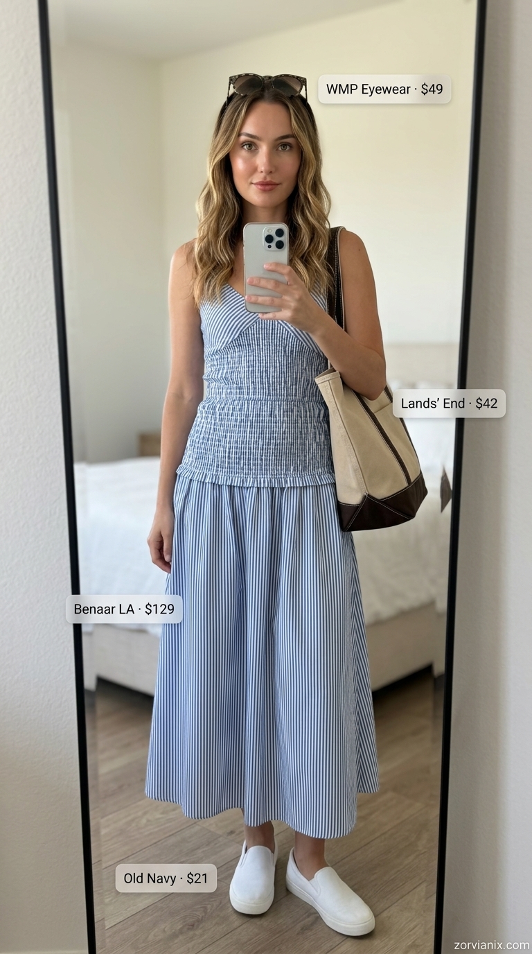Casual Sleeveless Dresses 2026: Weekend Market Style Blue & white striped smocked midi dress, sneakers, and canvas tote for summer sleeveless dresses for women 2026.