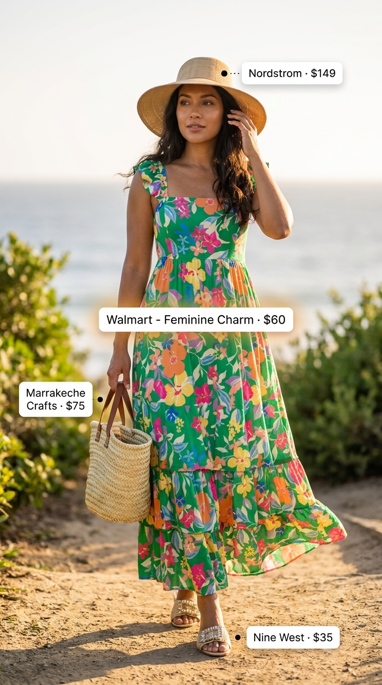 Tropical Resort Summer Sleeveless Dresses for Women 2026 Glamorous tropical print summer sleeveless dress for women 2026 with straw tote and gold accessories.