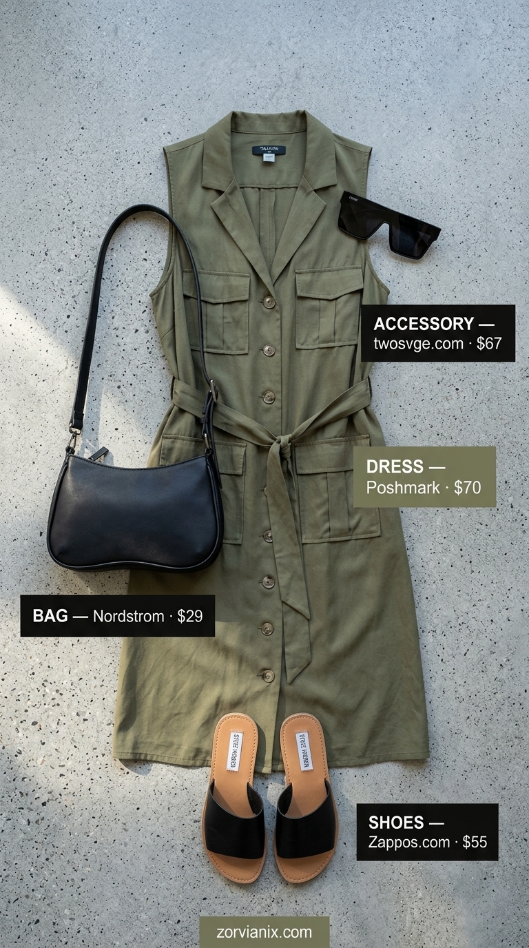 City Safari Summer Sleeveless Dresses for Women 2026 Practical olive green utility shirt dress for women 2026, sleeveless, with black crossbody and slides.