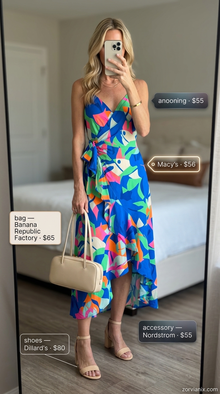 Summer Sleeveless Dresses 2026: Abstract Wrap Midi Abstract print V-neck wrap dress for a bold artsy gallery opening or upscale summer lunch in 2026.