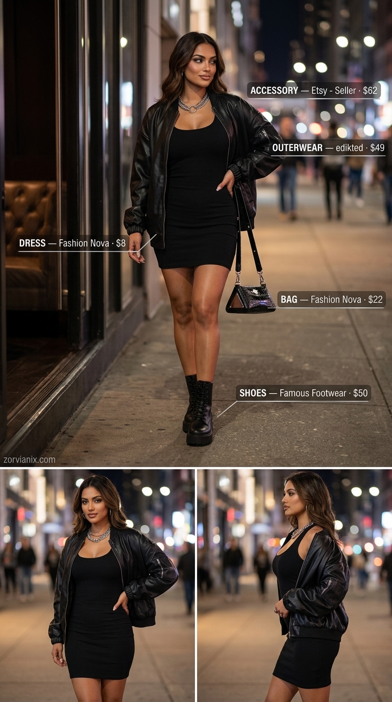 Summer Sleeveless Dresses 2026: Black Bodycon Mini Black bodycon mini dress styled with a faux leather moto jacket for an edgy urban night out in 2026.