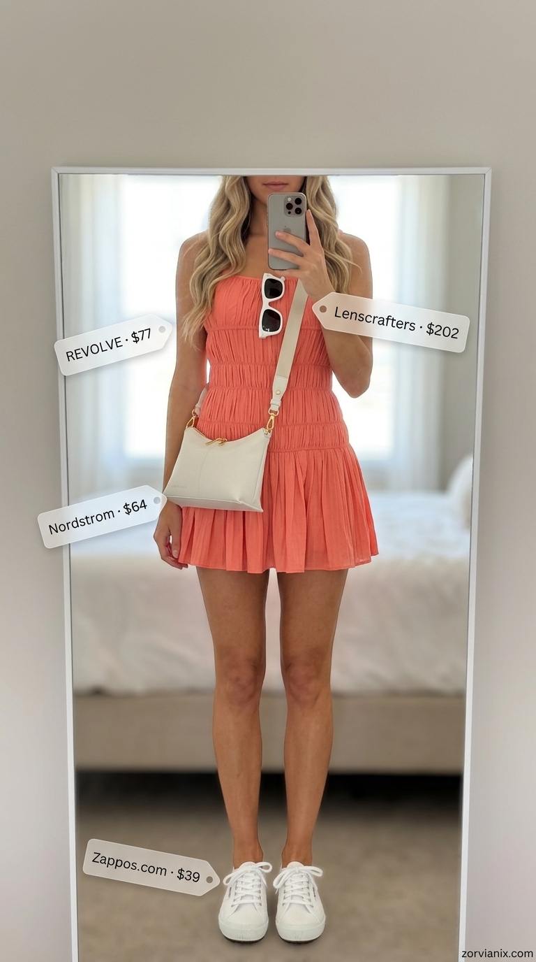 Summer Sleeveless Dresses 2026: Coral Sundress Bright coral A-line mini sundress for a cheerful park picnic or casual summer daytime in 2026.