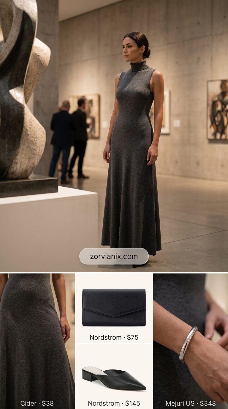 Summer Sleeveless Dresses 2026: Grey Knit Maxi Charcoal grey ribbed knit column maxi dress for an edgy artsy gallery opening or evening event in 2026.