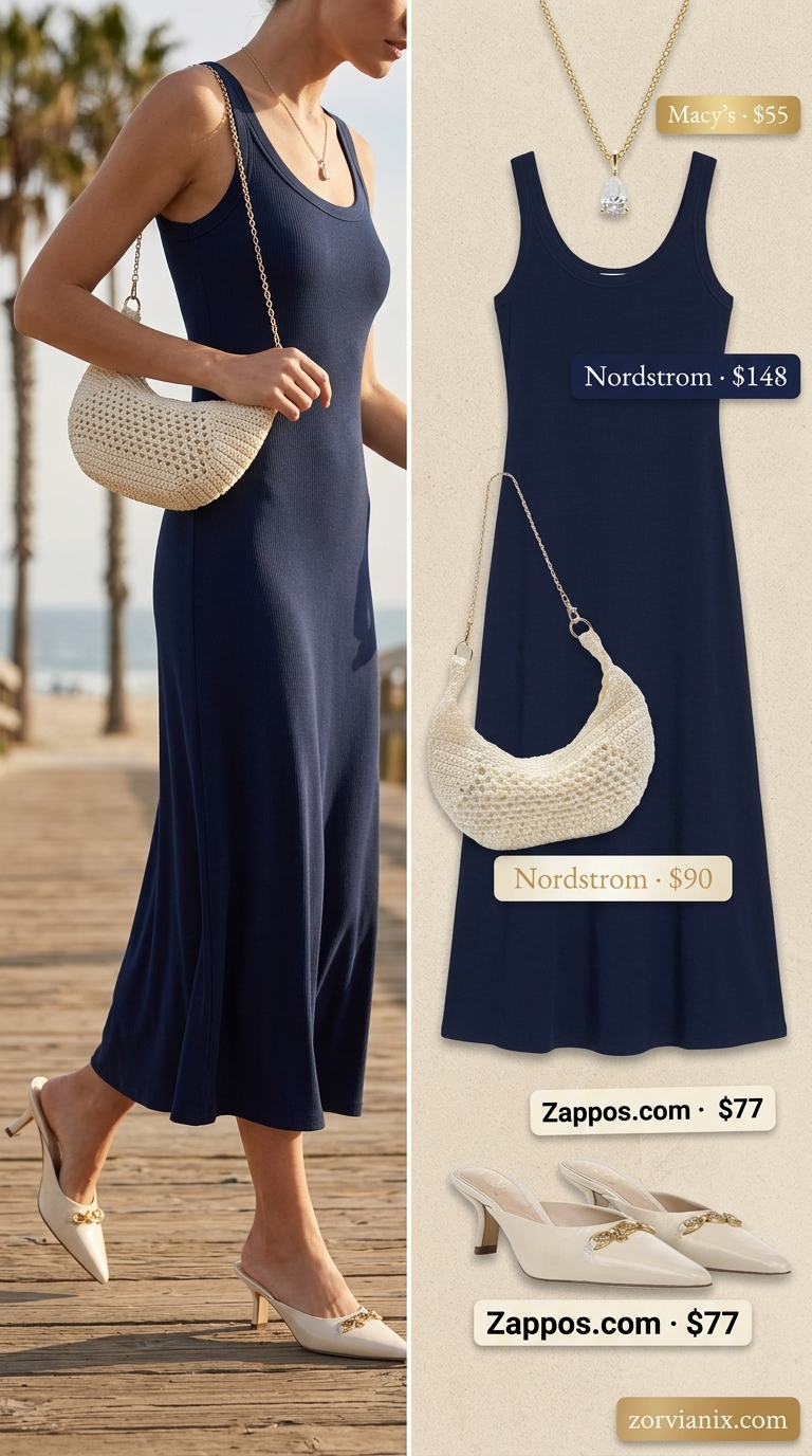 Summer Sleeveless Dresses 2026: Navy Knit Midi Navy sleeveless knit midi dress for a sophisticated summer date night or resort evening look in 2026.