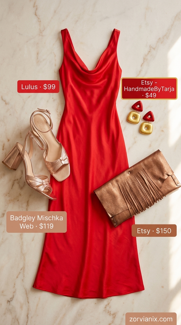 Summer Sleeveless Dresses 2026: Red Satin Maxi Fiery red satin slip maxi dress for a glamorous summer beach dinner or vacation evening in 2026.