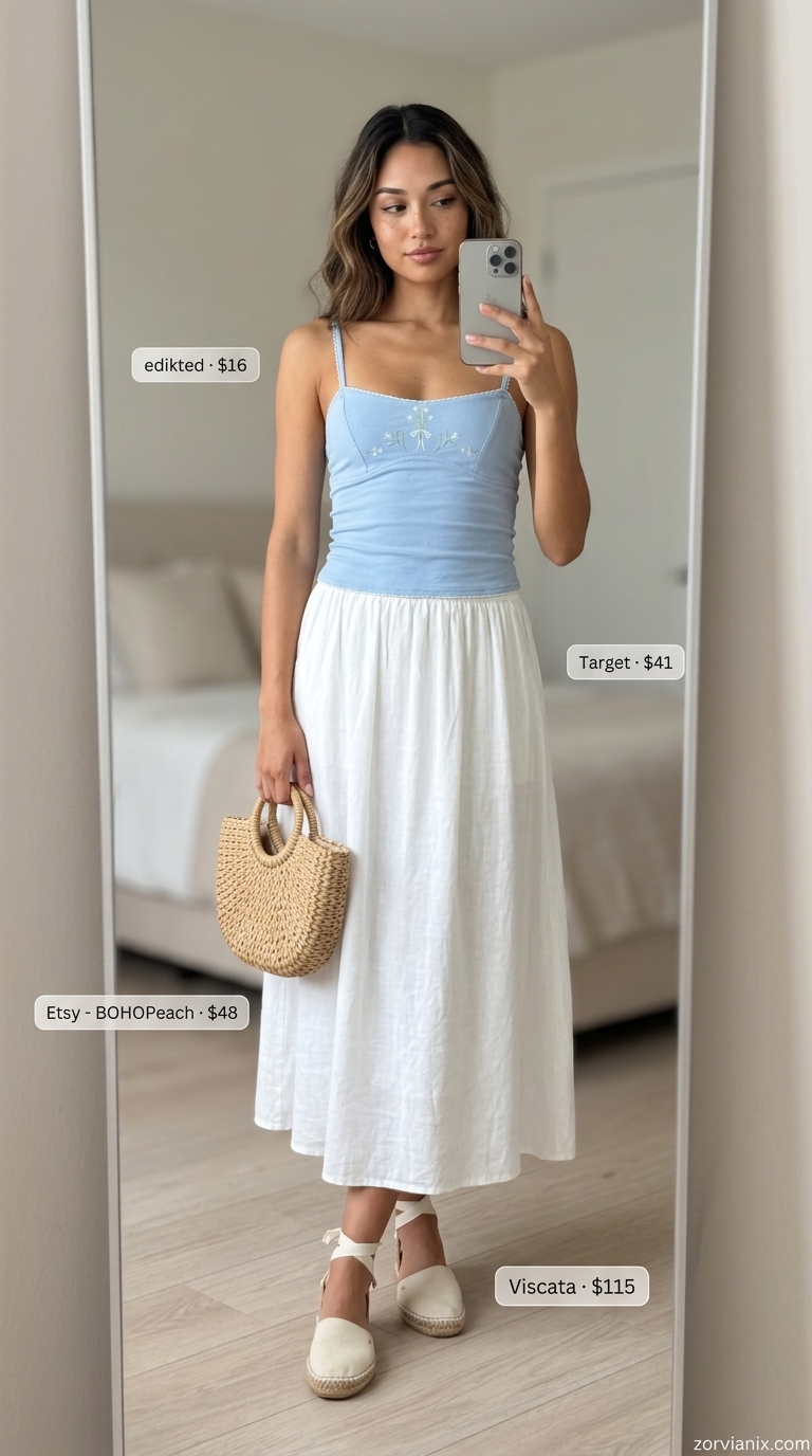 Sky blue eyelet sleeveless top with a white midi skirt for a romantic picnic outfit. Summer sleeveless tops for women 2026.