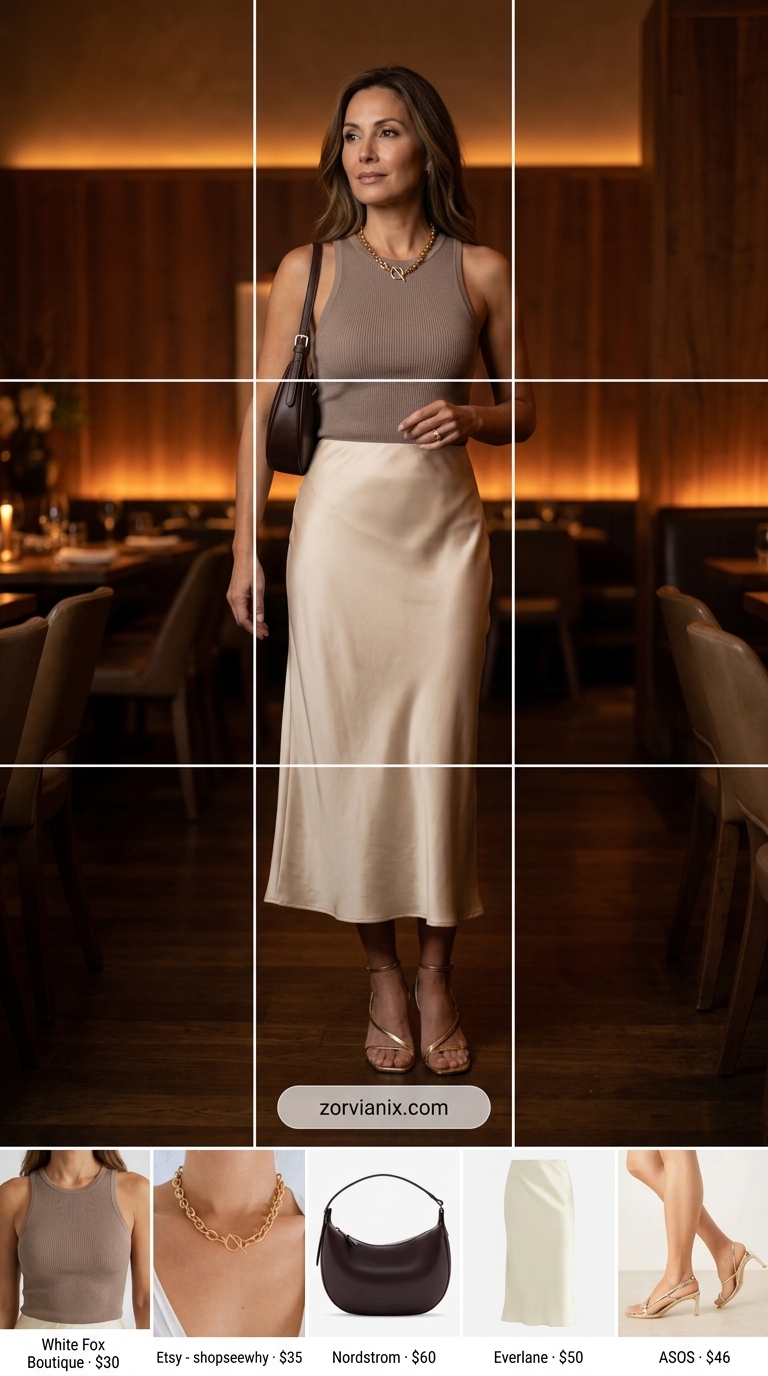 Chocolate brown seamless sleeveless top with a satin midi skirt for an elegant evening look. Summer sleeveless tops for women 2026.