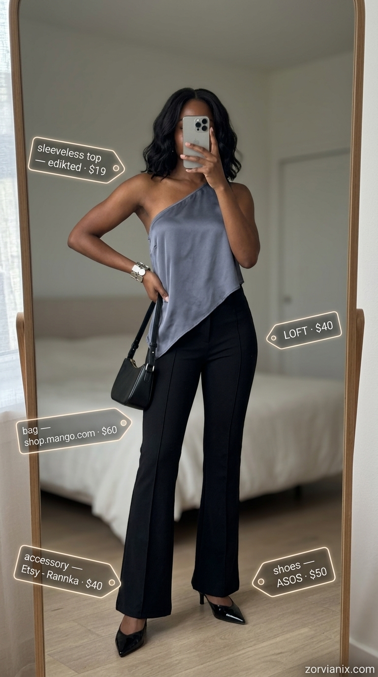 Charcoal grey one-shoulder sleeveless top, black trousers for summer sleeveless tops for women for women 2026.