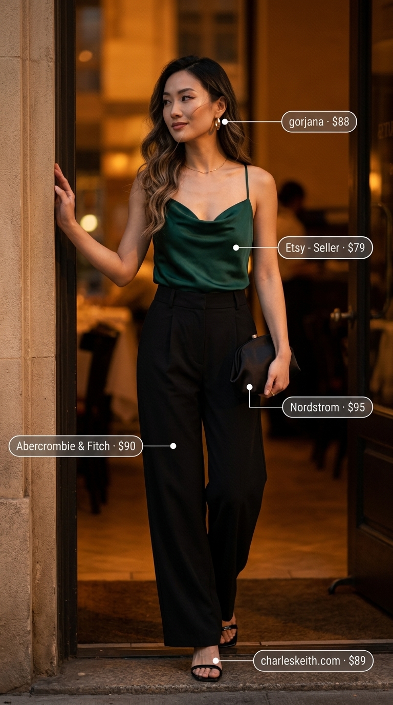 Emerald green satin camisole, black wide-leg pants, gold hoops for summer sleeveless tops for women for women 2026.