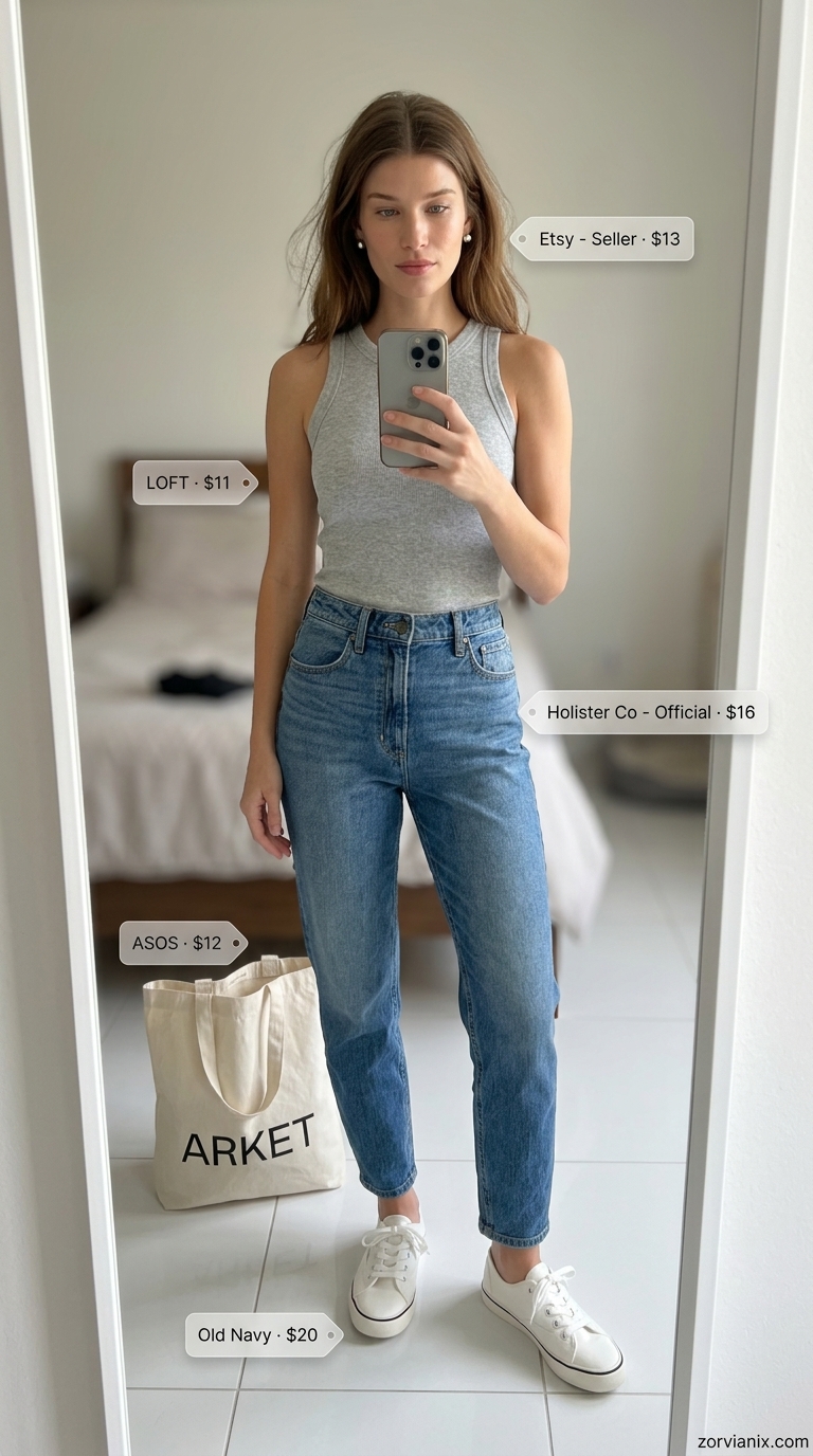 Heather grey racerback tank top with mom jeans for urban weekend comfort. Summer sleeveless tops for women 2026.