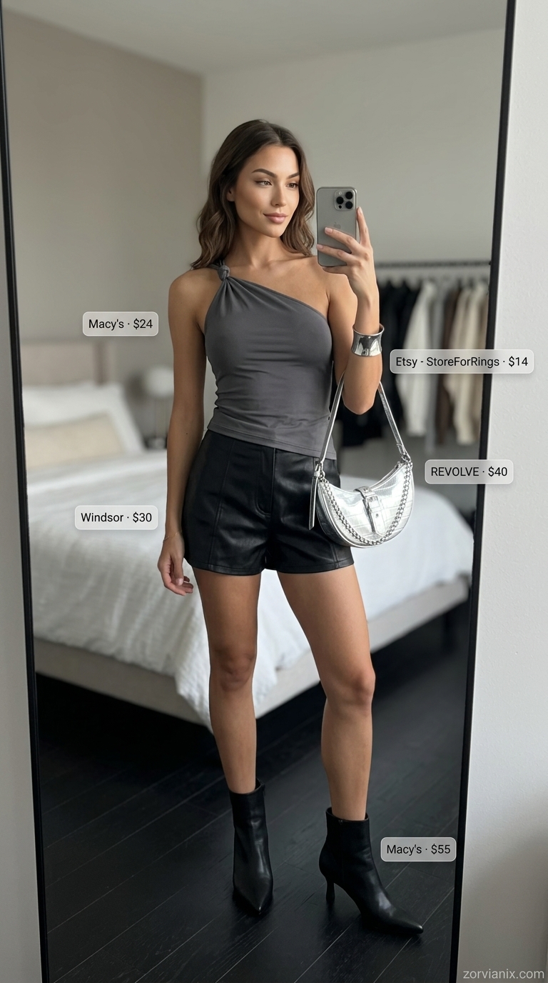 Charcoal grey one-shoulder sleeveless top with faux leather shorts for edgy evening drinks. Summer sleeveless tops for women 2026.