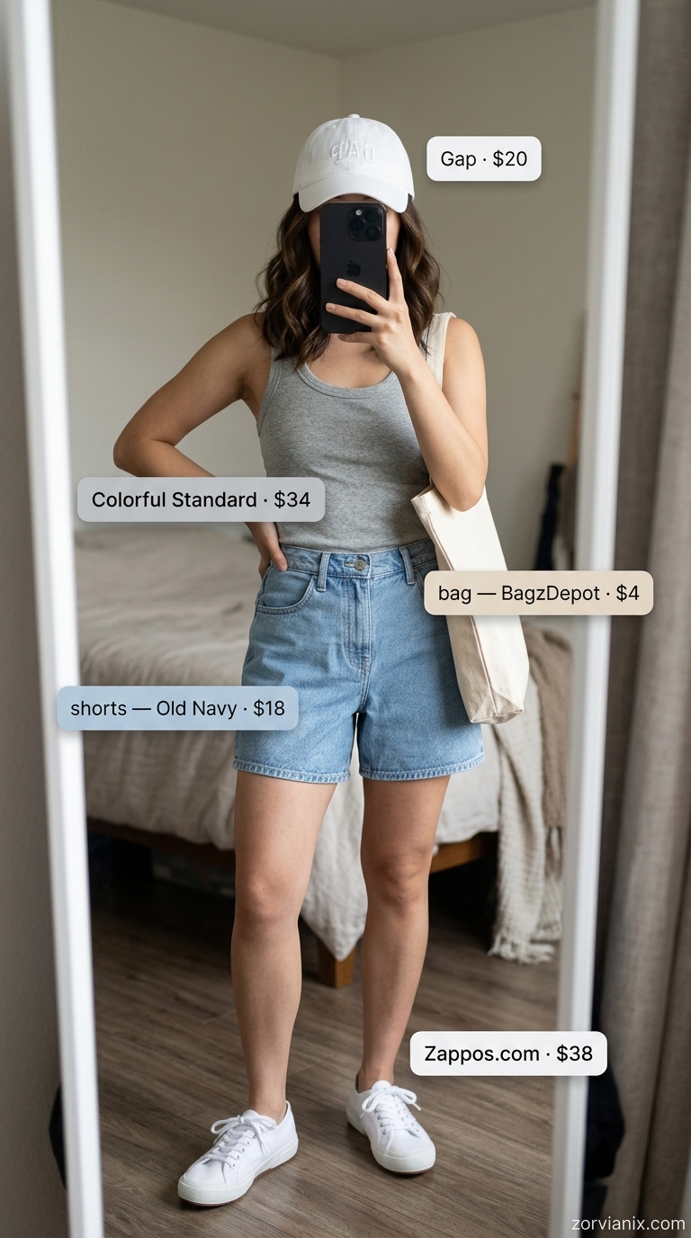 Grey tank top, denim shorts, white sneakers for summer sleeveless tops for women for women 2026.