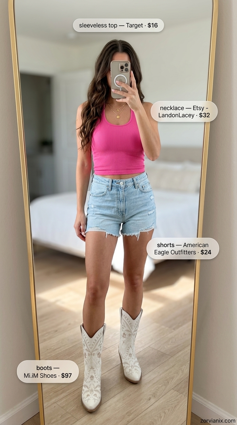Hot pink cropped halter top, denim shorts, white cowboy boots for summer sleeveless tops for women for women 2026.