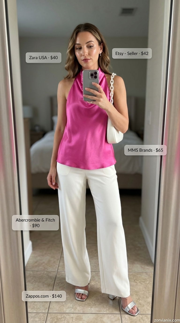 Hot pink sleeveless halter top, white wide-leg pants, silver sandals for summer sleeveless tops for women for women 2026.