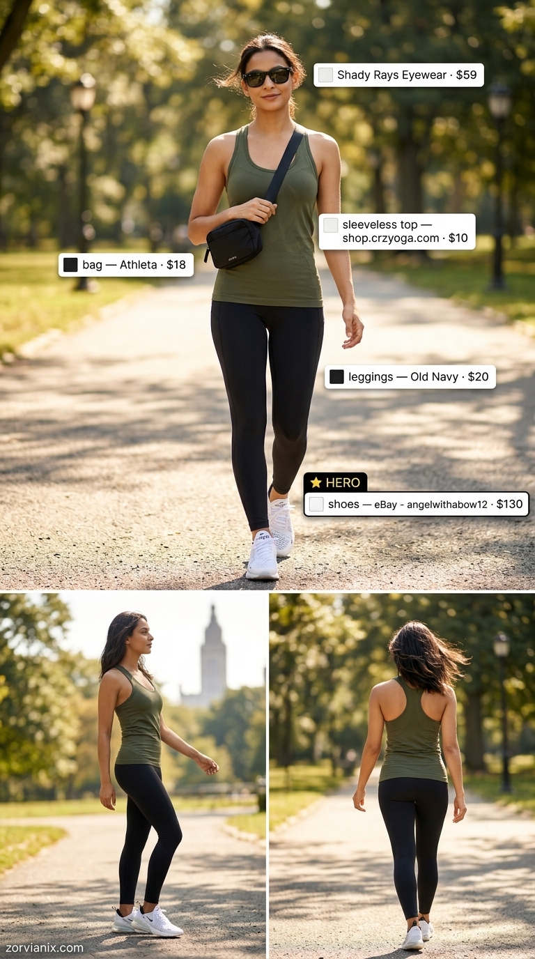 Olive green active tank top, black leggings, white sneakers for summer sleeveless tops for women for women 2026.
