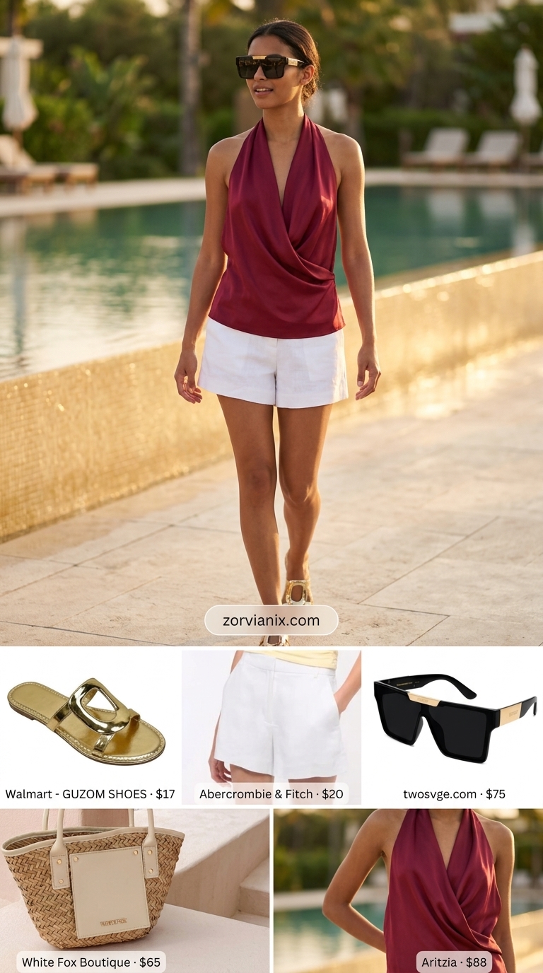 Hot pink satin sleeveless top with white linen shorts for a glamorous poolside look. Summer sleeveless tops for women 2026.