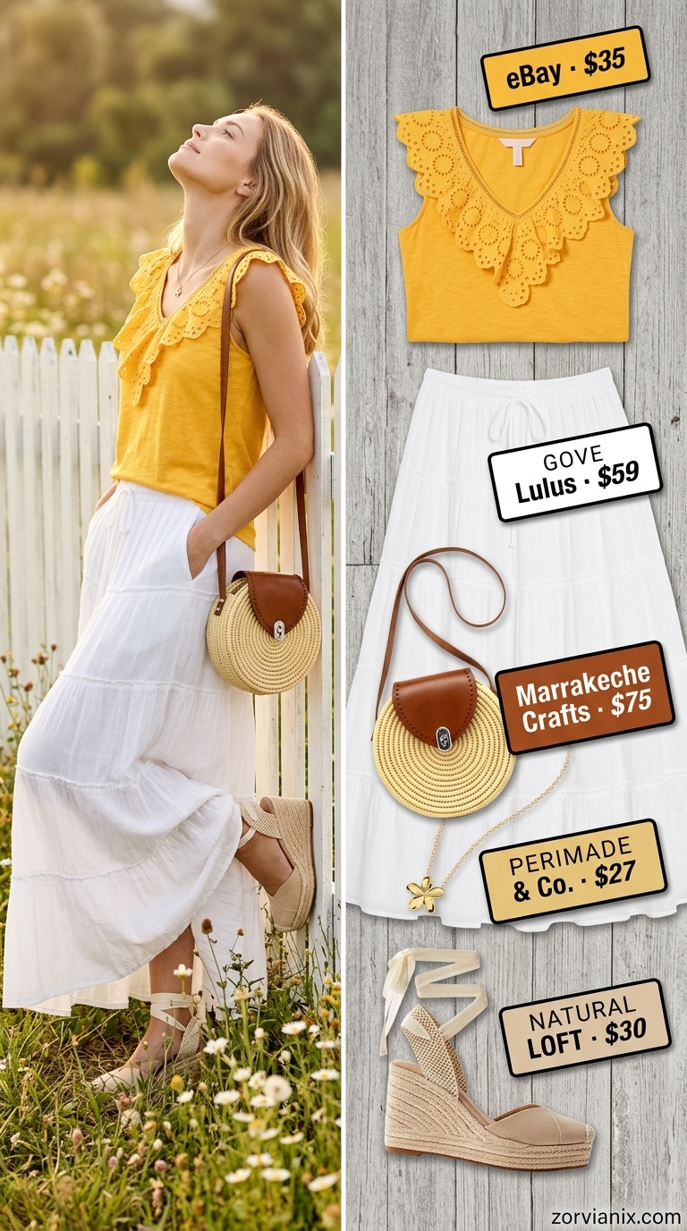 Yellow eyelet sleeveless blouse, white maxi skirt, espadrille wedges for summer sleeveless tops for women for women 2026.