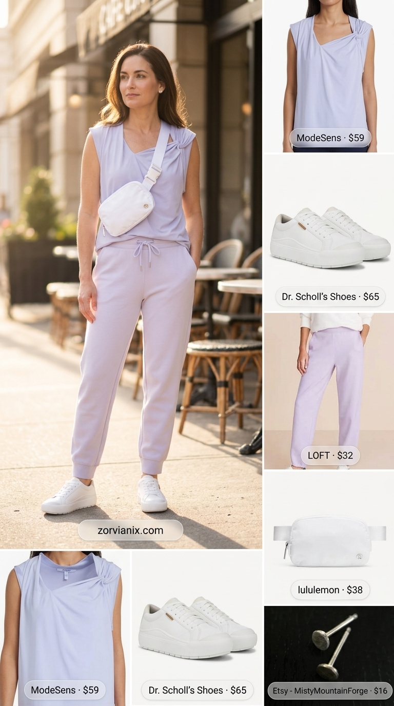 Lavender modal jersey sleeveless top with white joggers for a comfortable lounge outfit 2026.