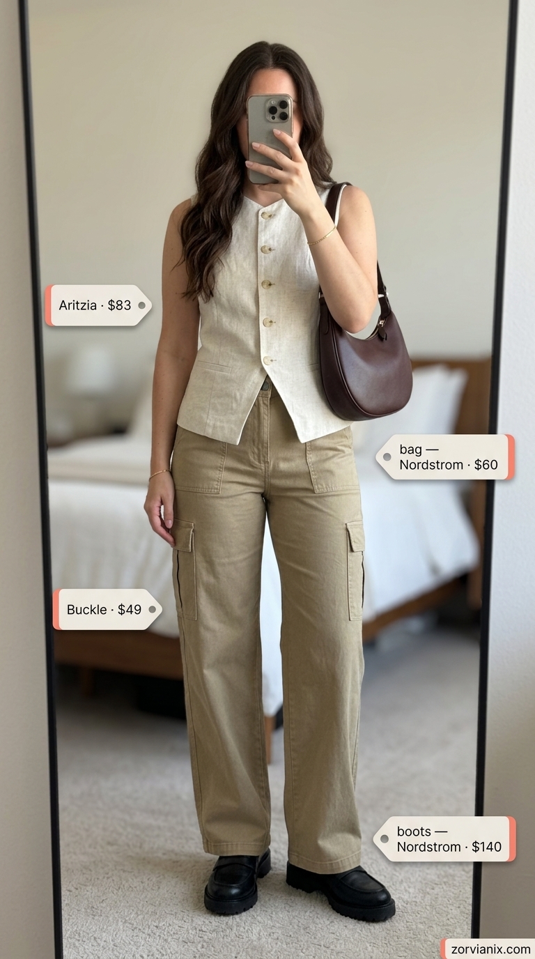 Ecru linen vest worn over a sleeveless top with khaki cargo pants for a safari city outfit 2026.