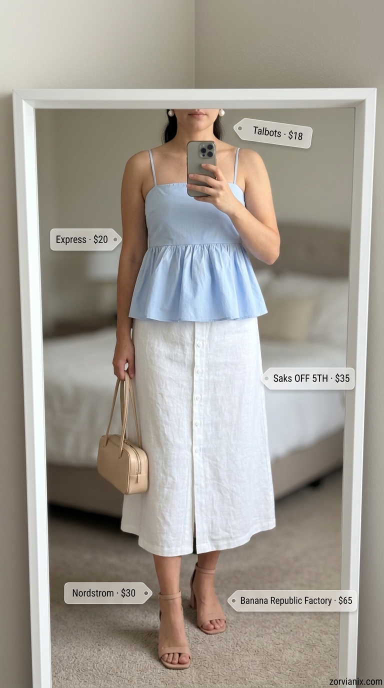 Pastel blue peplum sleeveless top with white midi skirt for a garden party outfit 2026.
