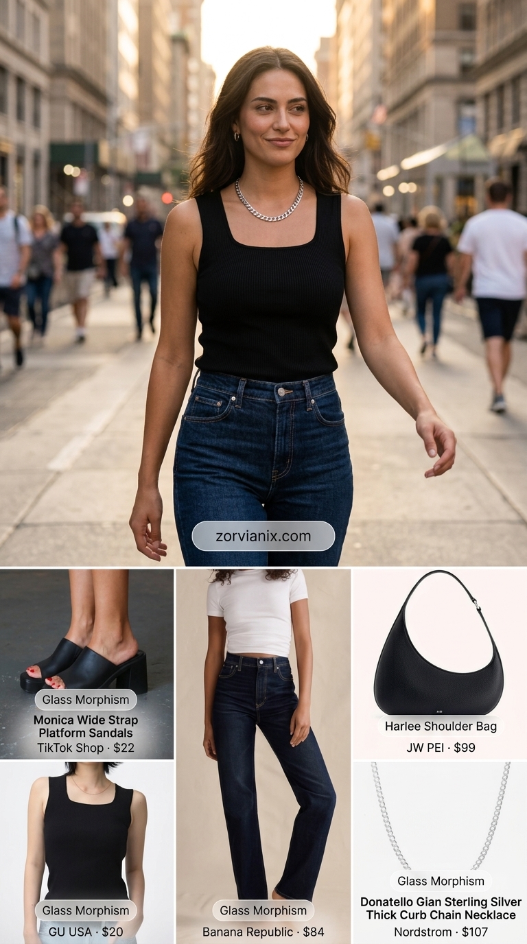 Black ribbed square neck sleeveless top with dark wash jeans for an edgy city outfit 2026.