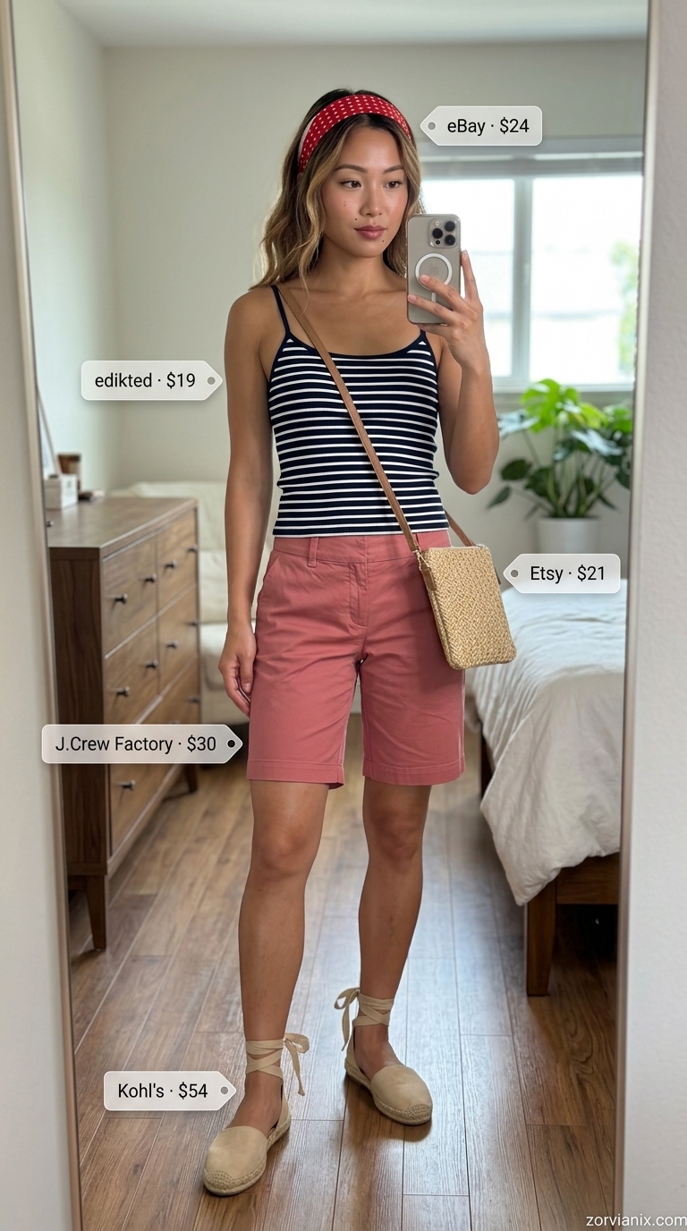 Classic navy and white striped sleeveless top with red Bermuda shorts for a French Riviera vacation outfit 2026.