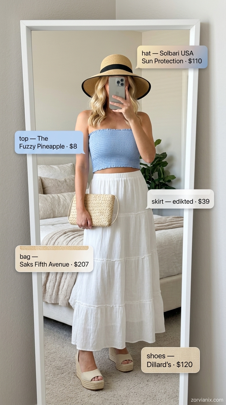 Sky blue smocked tube sleeveless top with white tiered maxi skirt for a Riviera vacation outfit 2026.